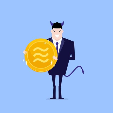 Devil businessman holding Libra coin in hand.のイラスト素材