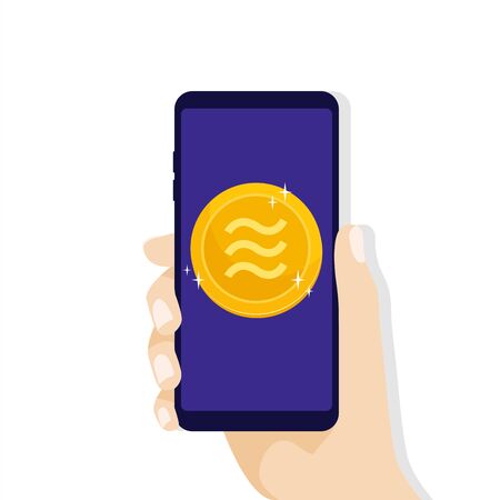 Hand holding smartphone with Libra coin currency. Online Crypto currency business concept. Virtual electronic money.のイラスト素材