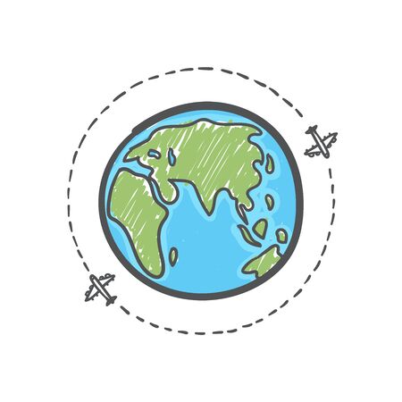 Hand drawn plane travel around the world.のイラスト素材
