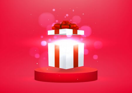 Opened gift box with bright rays of light on podium studio red background. Banner background for advertise product.のイラスト素材