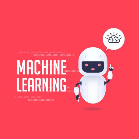 White friendly robot with brain icon in speech bubble. AI Machine learning conceptのイラスト素材