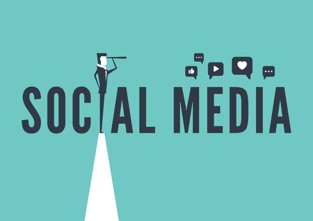 Social media concept with business man looking through telescope from a cliff.のイラスト素材