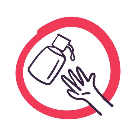 Please use hand sanitizer gel. Hand sanitizer doodle isolated on white background.のイラスト素材