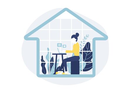 Woman sitting at a desk in the house with a notebook computer. Work from home concept.のイラスト素材