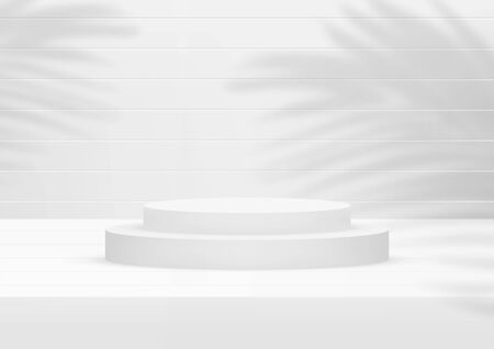 Empty podium studio white wood background with palm leaves for product display. Showroom shoot render. Banner background for advertise product.のイラスト素材