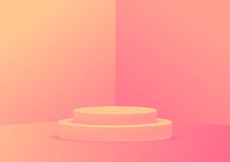Empty podium studio orange background for product display with copy space. Showroom shoot render. Banner background for advertise product.のイラスト素材
