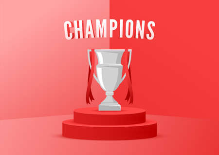 Champion trophy on stage with red background.のイラスト素材