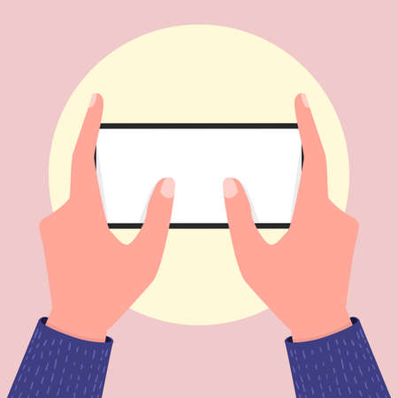 Holding empty screen mobile phone in two hands. Editable smartphone template.のイラスト素材