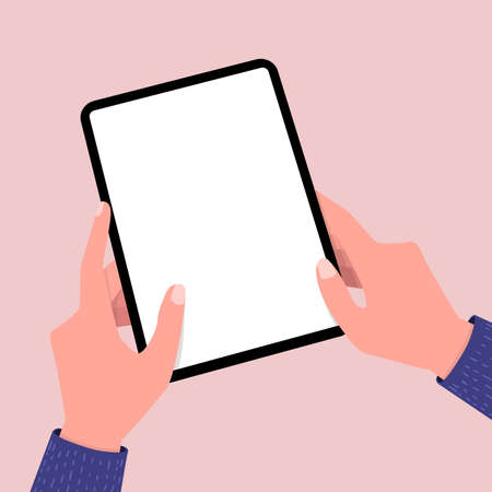 Hands holing tablet computer with blank screen. Editable tablet template.のイラスト素材