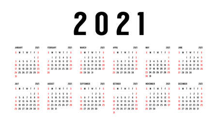 Simple editable vector calendar for year 2021. Week starts from Sunday.のイラスト素材