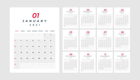 Calendar 2021, 12 month in clean minimal table simple style. Calendar 2021 template. Calendar planning week.のイラスト素材