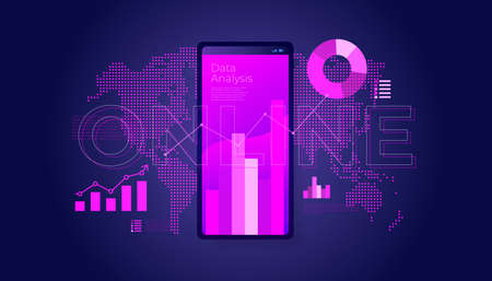 Online data analysis on smartphone with line chart and graphs.のイラスト素材
