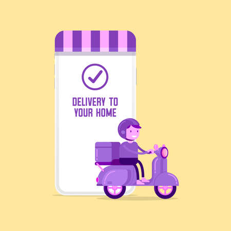 Delivery man riding a scooter out of the phone. Fast food delivery app on a smartphone with delivery man on a scooter.のイラスト素材