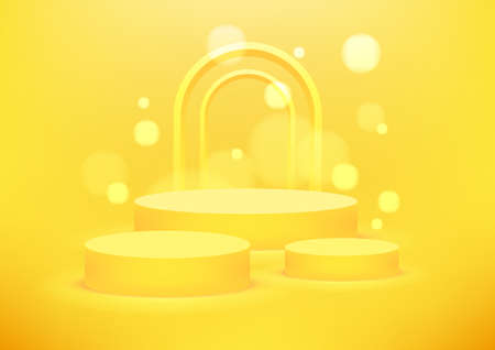 Empty podium studio yellow background for product display with copy space. Showroom shoot render. Banner background for advertise product.のイラスト素材
