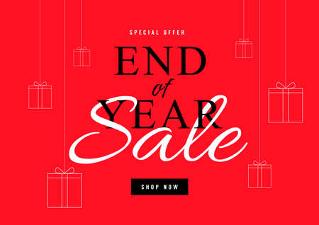 End of year sale poster or flyer design. Year end sale with gift box on red background.の素材 [FY310159476677]