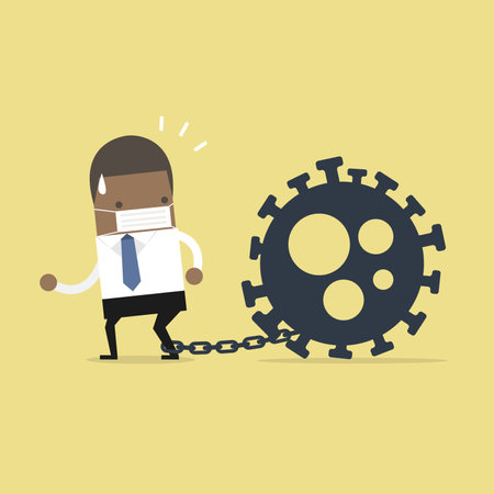 African businessman locked in chains with the coronavirus. COVID-19 coronavirus impact to businessman concept.のイラスト素材