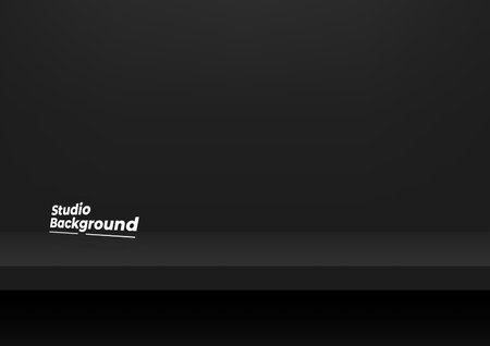 Realistic black shelf on the studio wall. Empty studio black background for product display with copy space.のイラスト素材