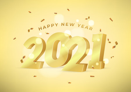 Happy New Year 2021. Golden 3D numbers with confetti.のイラスト素材