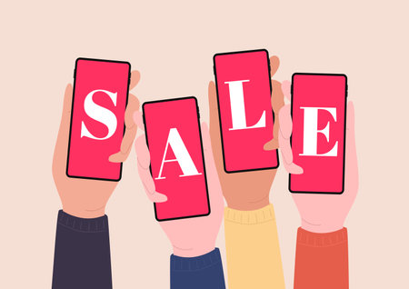 Hands holding smartphones and show SALE. Online shopping with mobile phones.のイラスト素材