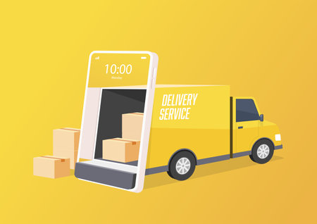Delivery truck opens the door from the mobile phone screen. Online delivery service concept. Smart logistics, cargo shipment and freight transportation.のイラスト素材
