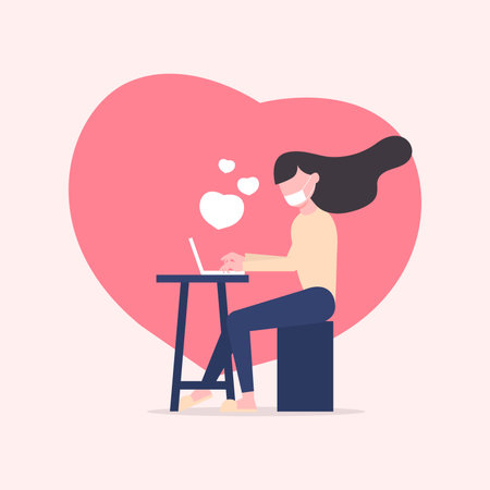 Woman using Laptop for Online Communication and Romantic Dating. Valentine's day Celebration Online during Quarantine in Coronavirus.14 February. Love at Distance.のイラスト素材