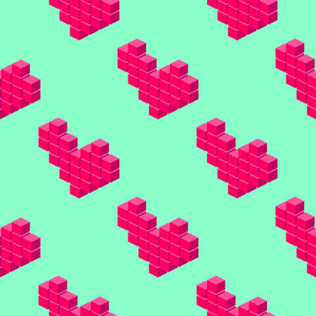 Isometric pixel hearts seamless pattern on light green background.のイラスト素材