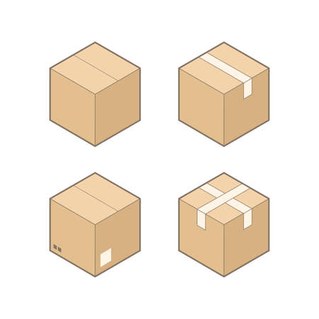 Set of four isometric cardboard boxes isolated on white background.のイラスト素材