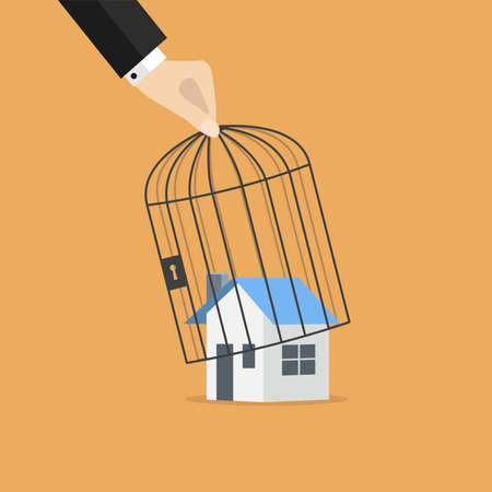 Businessman hand lifting a cage of house.のイラスト素材