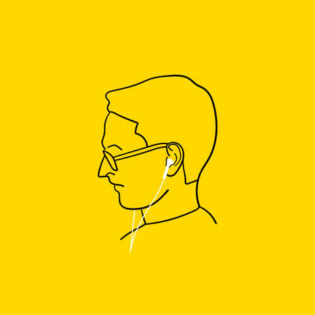 Man listen to music on headphones. Music therapy. Line art style.のイラスト素材