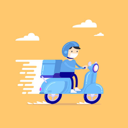 Food delivery man riding a blue scooter, courier in respiratory mask. Online order and food or product express delivery home and office in quarantineのイラスト素材