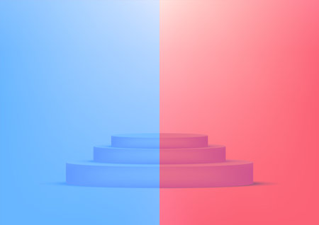 Empty podium studio red and blue background for product display with copy space. Showroom shoot render. Banner background for advertise product.のイラスト素材