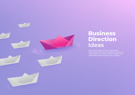Origami pink paper boat floating in front of white paper boats. Business direction ideas concept banner template.のイラスト素材