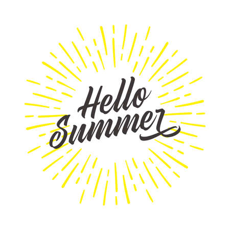 Hello Summer fun quote hipster design logo or label. Hand lettering inspirational typography vector illustration.のイラスト素材