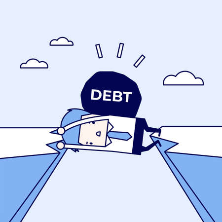 Businessman trapped in a cliff with a debt on his back. Businessman and debt physical crisis. Cartoon character thin line style vector.のイラスト素材