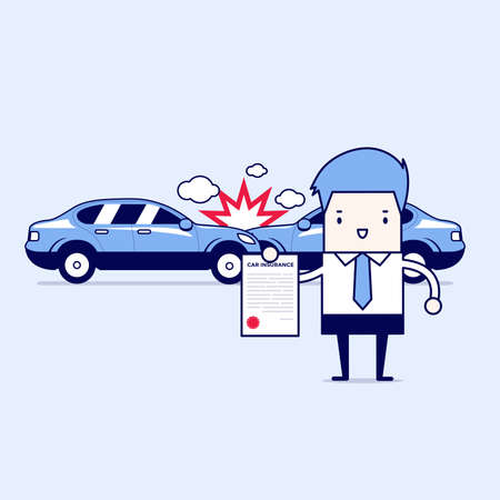 Car insurance in service center. Businessman shows the document of car protection. Cartoon character thin line style vector.のイラスト素材