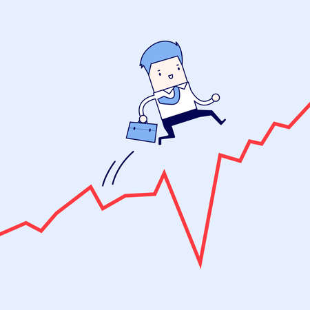 Businessman jumps over the gap in growth chart. Cartoon character thin line style vector.のイラスト素材