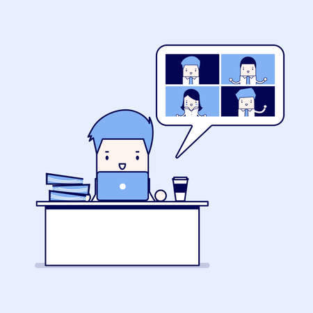 Businessman working with video conference business meeting. Online virtual meetings, Work from Home. Cartoon character thin line style vector.のイラスト素材