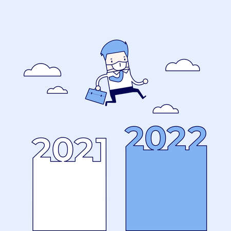 The masked businessman jump from 2021 to 2022. Cartoon character thin line style vector.のイラスト素材