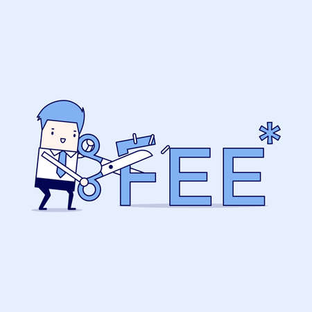 Businessman with scissors FEE letter. Reduce Fee Business concept. Cartoon character thin line style vector.のイラスト素材