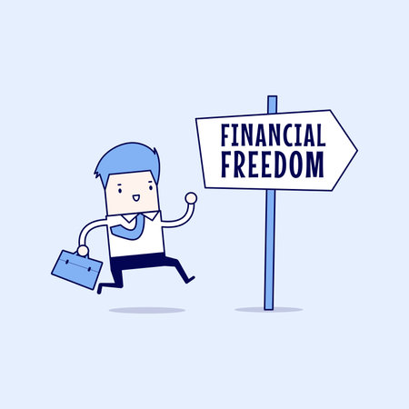 Businessman with Financial Freedom sign. Cartoon character thin line style vector.のイラスト素材