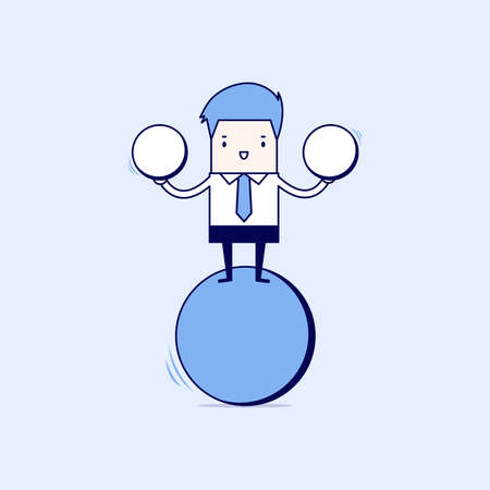 Businessman balancing on blue ball holding two spheres. Cartoon character thin line style vector.のイラスト素材