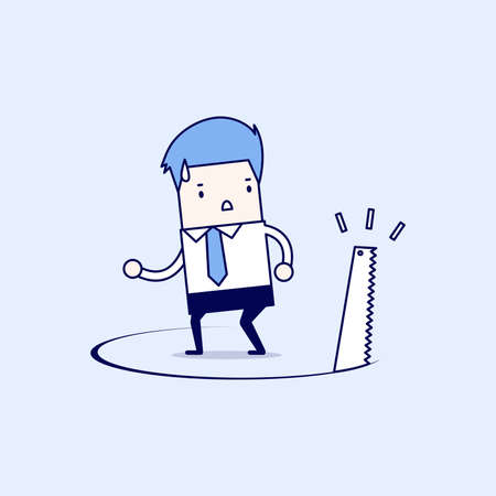Businessman has ground cut beneath him. Cartoon character thin line style vector.のイラスト素材