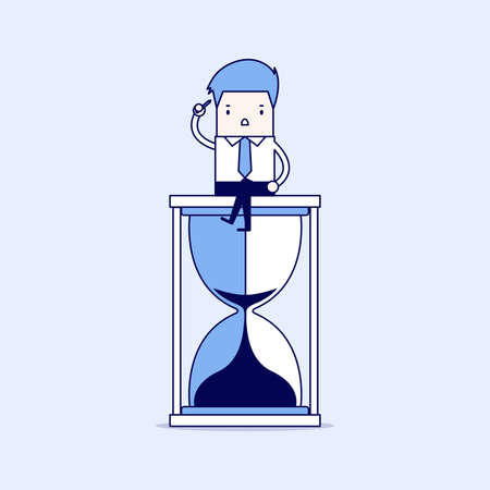 Businessman keeps thinking and sitting on a hourglass, creative thinking. Cartoon character thin line style vector.のイラスト素材