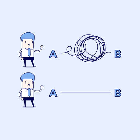Businessmen one with clear plans the other with chaotic plans. Cartoon character thin line style vector.のイラスト素材
