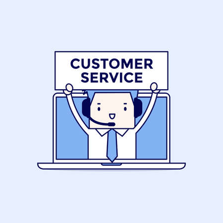 Businessman with headset in a computer, customer service and technical support concept. Cartoon character thin line style vector.のイラスト素材