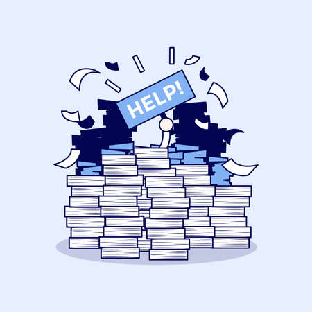 Overworked businessman under a lot of documents and holding a HELP placard. Cartoon character thin line style vector.のイラスト素材