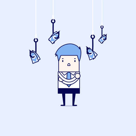 Businessman selects one of fishing hooks with money. Cartoon character thin line style vector.のイラスト素材