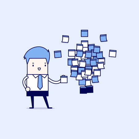Businessman with a lot of stickers with ideas on the wall. Cartoon character thin line style vector.のイラスト素材