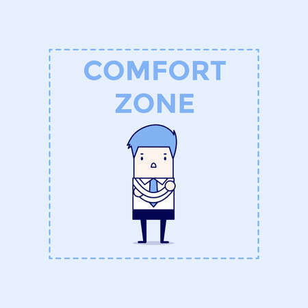 Businessman standing in comfort zone. Cartoon character thin line style vector.のイラスト素材