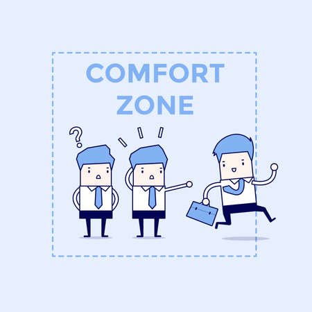 Businessman exit from comfort zone. Cartoon character thin line style vector.のイラスト素材